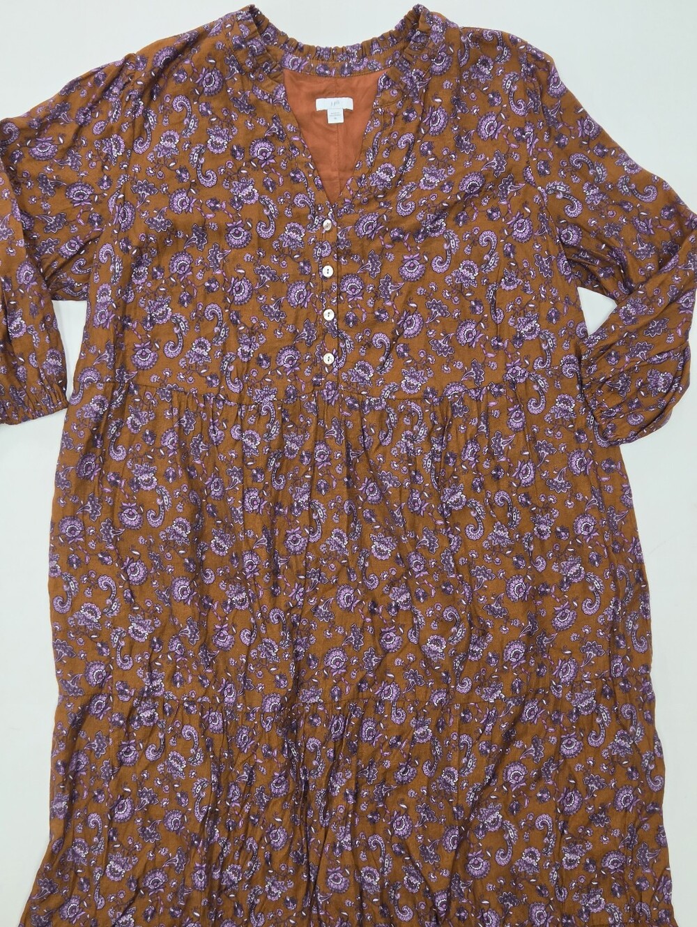 J. Jill 3/4 sleeve brown purple paisley floral tiered maxi dress V-neckline XL